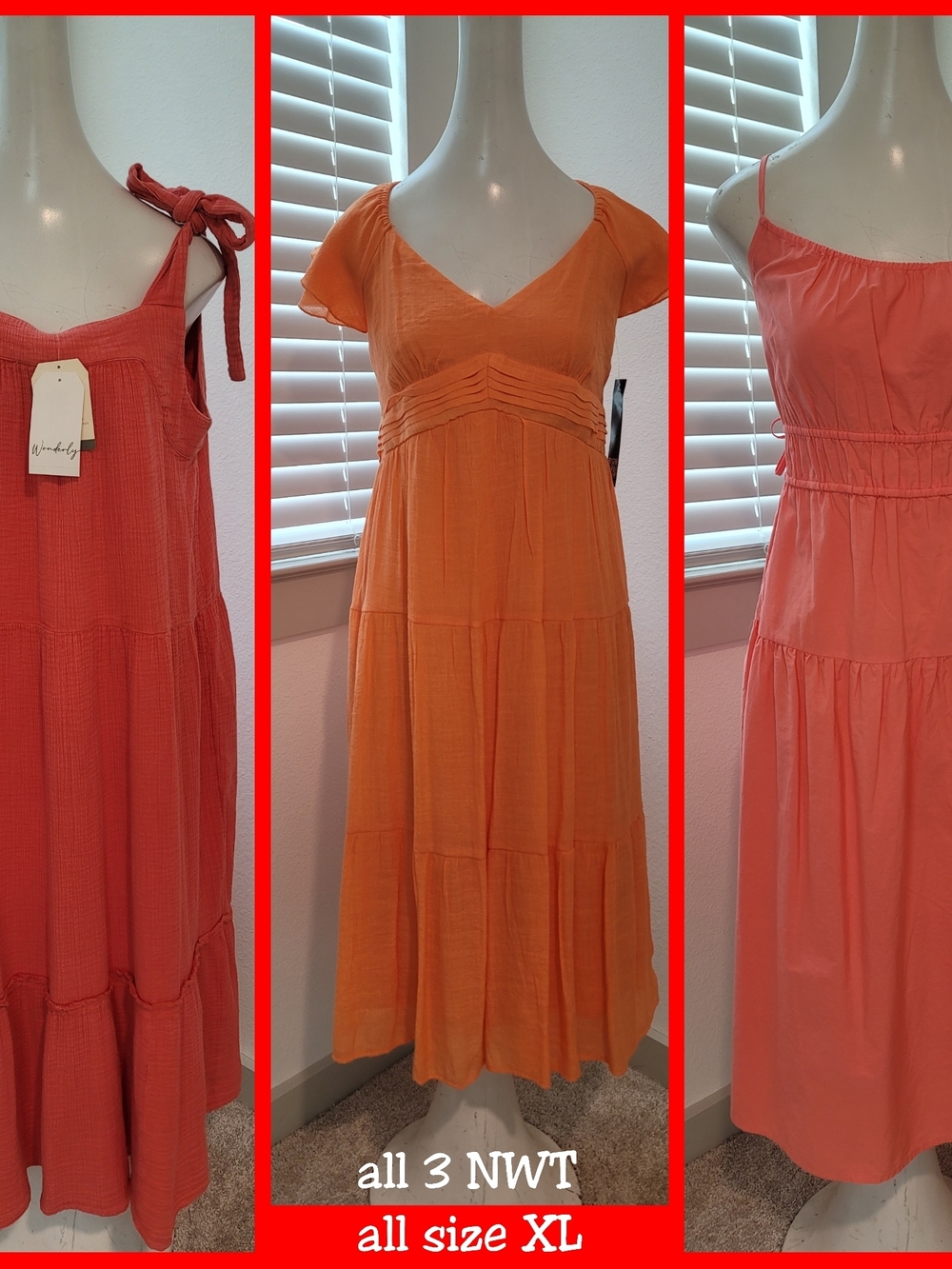NWT - Bundle Of 3-Women's Orange / Coral Color-  Midi Dresses